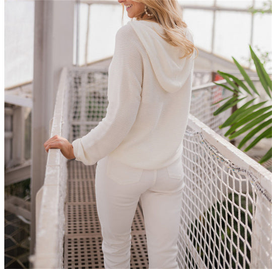 Damen lässiger Kapuzenpullover mit Knopfleiste und hohem Kragen R&B