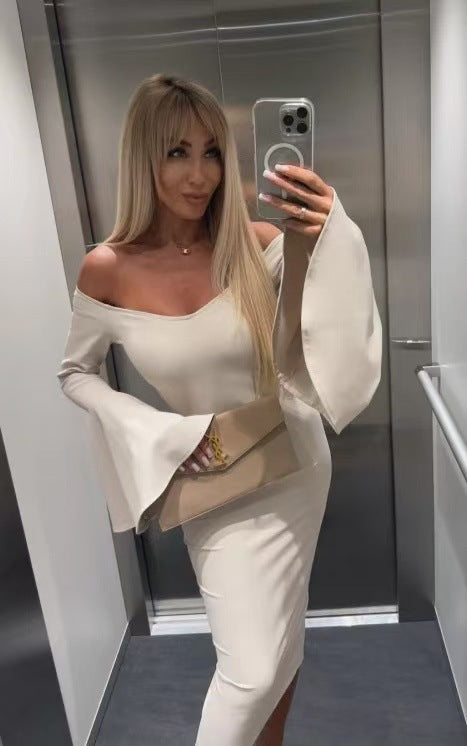 Damen Elegantes Langarmkleid mit weiten Ärmeln und Schlitz R&B