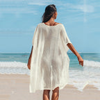 Damen Strandkleid mit romantischem Häkelmuster und voluminösen Ärmeln R&B