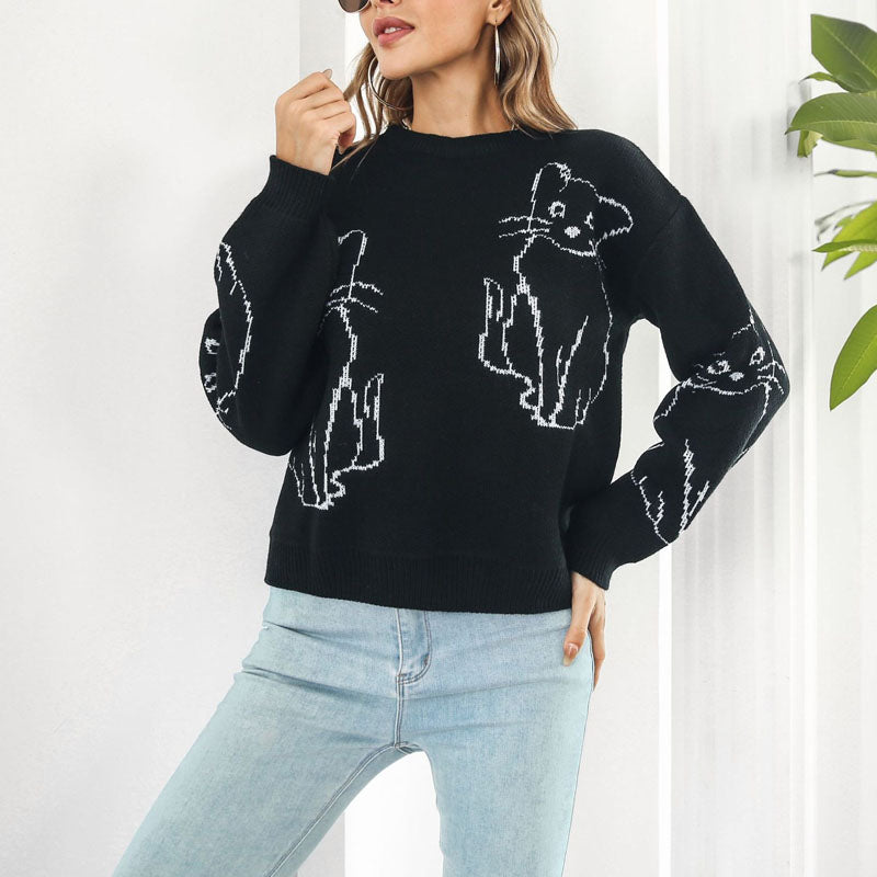 R&B | Verspielter Strickpullover Mit Katzenmuster