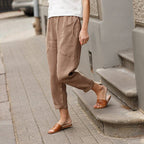 Damen nan leichte Leinenhose mit elastischem Bund, seitlichen Eingrifftaschen und gekrempeltem Saum R&B
