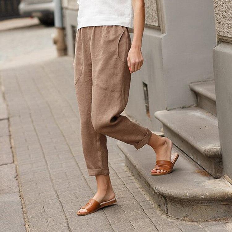 Damen nan leichte Leinenhose mit elastischem Bund, seitlichen Eingrifftaschen und gekrempeltem Saum R&B