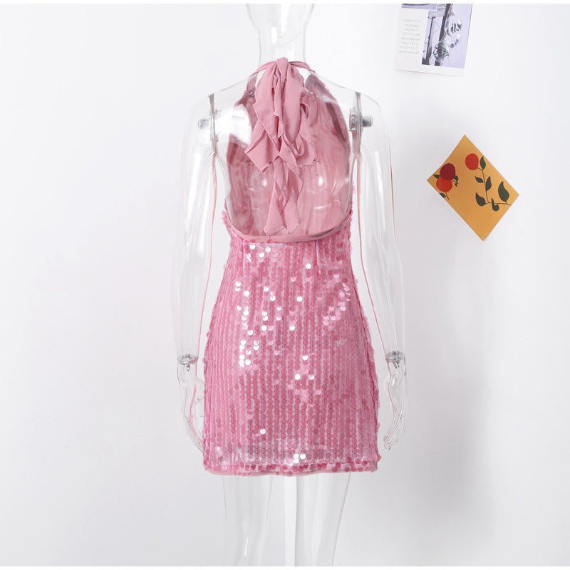 Damen Glamouröses Pailletten-Minikleid mit haltem Ausschnitt R&B