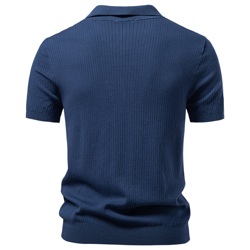 Herren nan fein geripptes Kurzarm-Poloshirt mit offenem Kentkragen R&B