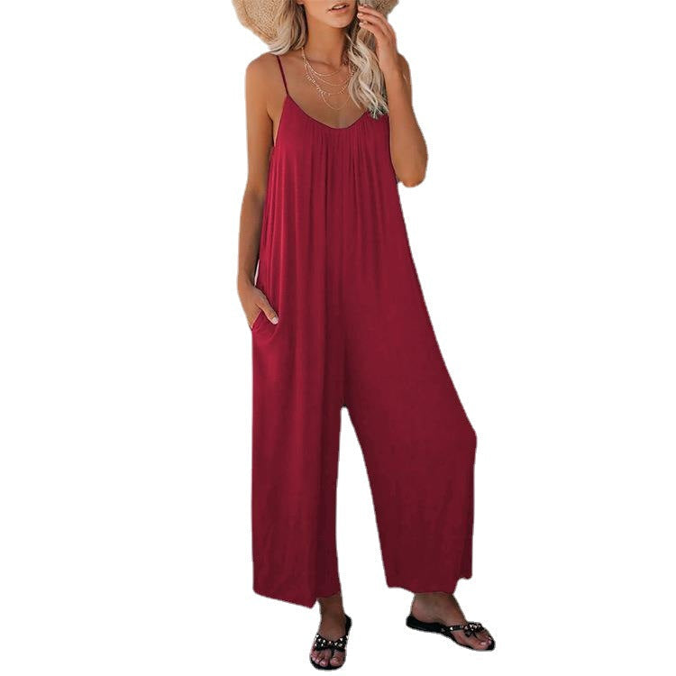 Damen Lässiger Sommer-Jumpsuit mit tiefem Ausschnitt und praktischen Taschen R&B