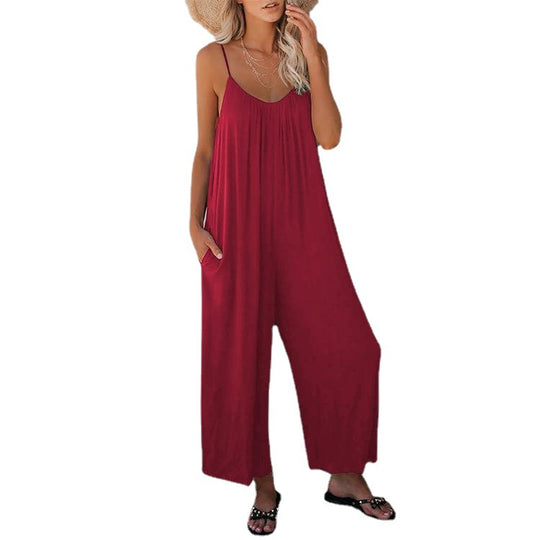 Damen Lässiger Sommer-Jumpsuit mit tiefem Ausschnitt und praktischen Taschen R&B