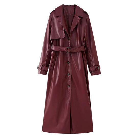 Damen eleganter Kunstleder-Trenchcoat mit Gürtel R&B