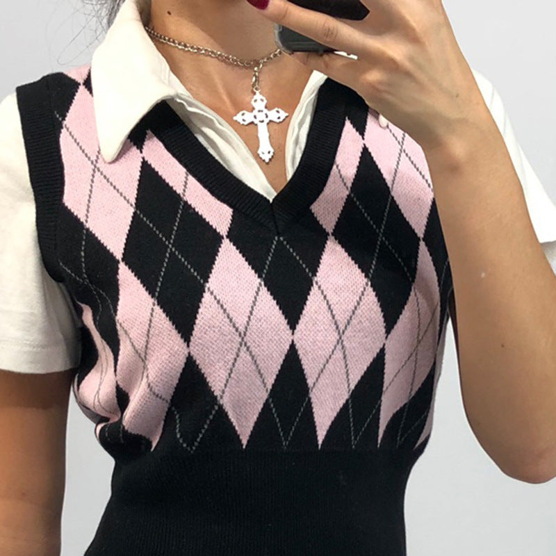 Damen cropped Stricktop mit modernem Rautenmuster R&B