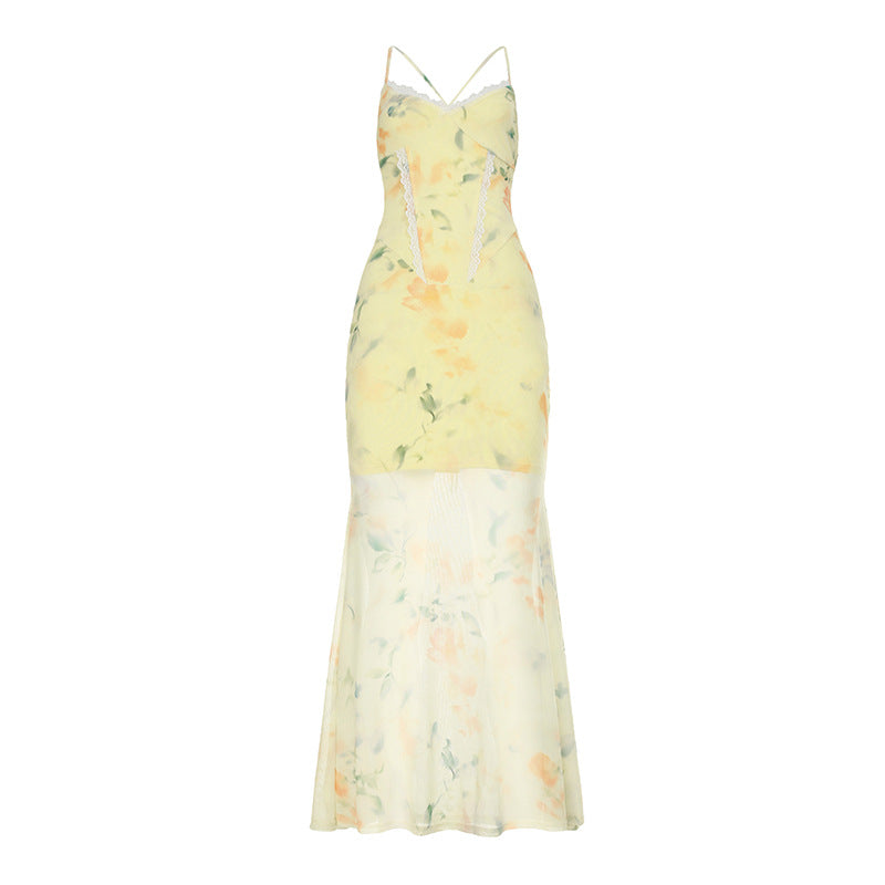 Damen Blumen Maxikleid mit raffinierten Spaghettiträgern und Spitzen-Akzenten R&B