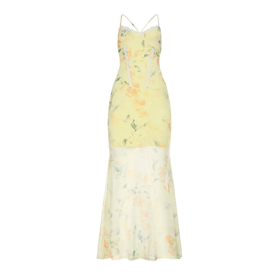 Damen Blumen Maxikleid mit raffinierten Spaghettiträgern und Spitzen-Akzenten R&B