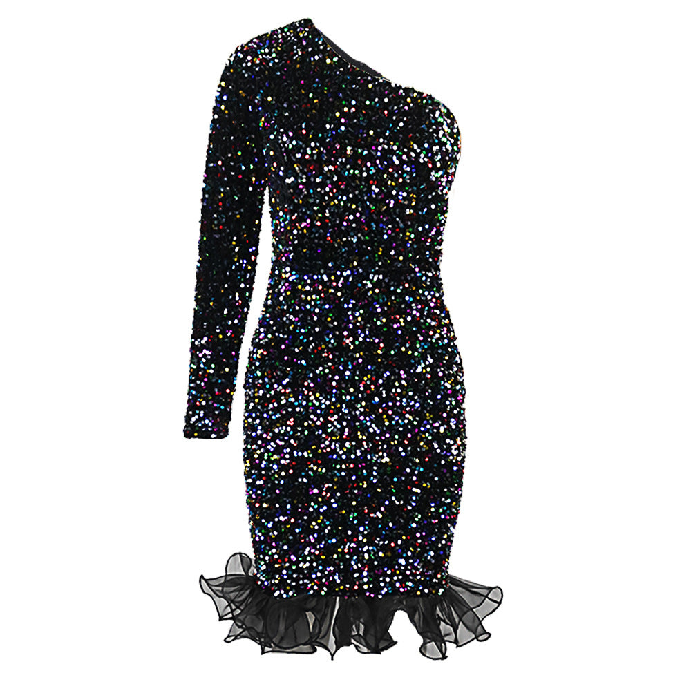 Damen Glitzerndes Abendkleid mit asymmetrischem Schnitt und Rüschenabschluss R&B