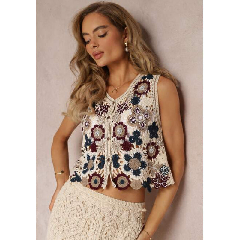 Damen Häkelweste mit floralen Stickereien und offenen Vorderseite R&B