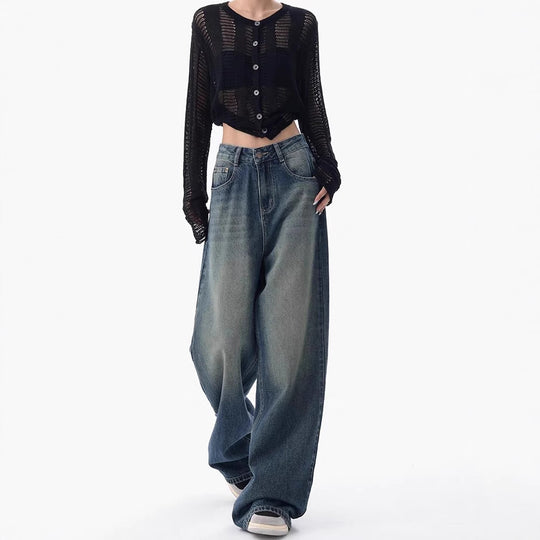 Damen Oversized Denim-Jeans mit hoch geschnittenem Bund R&B