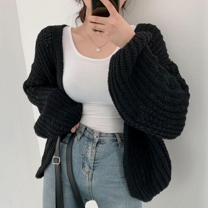Damen grob gestrickte Oversized Cardigan mit tiefem V-Ausschnitt R&B