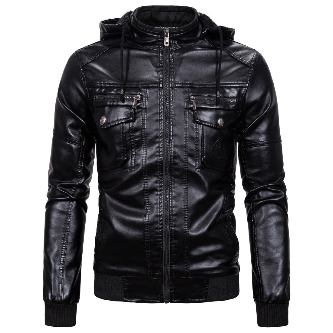 Herren Kunstlederjacke mit Kapuze und Fleece-Futter
