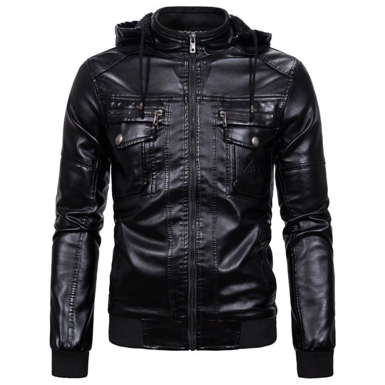 Herren Kunstlederjacke mit Kapuze und Fleece-Futter R&B