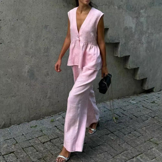 Damen elegantes Leinen-Outfit mit schickem Oberteil und weiten Hosen R&B