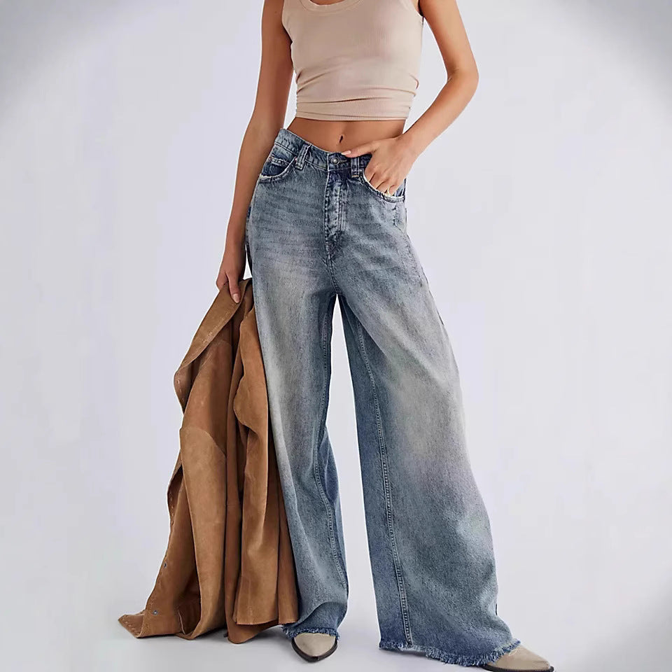 Damen Weite Denim-Hose mit fransigem Saum und hohen Schnitt R&B