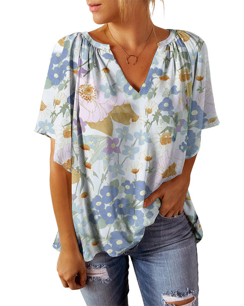 Damen luftiges V-Ausschnitt Blusenshirt mit floralem Muster R&B