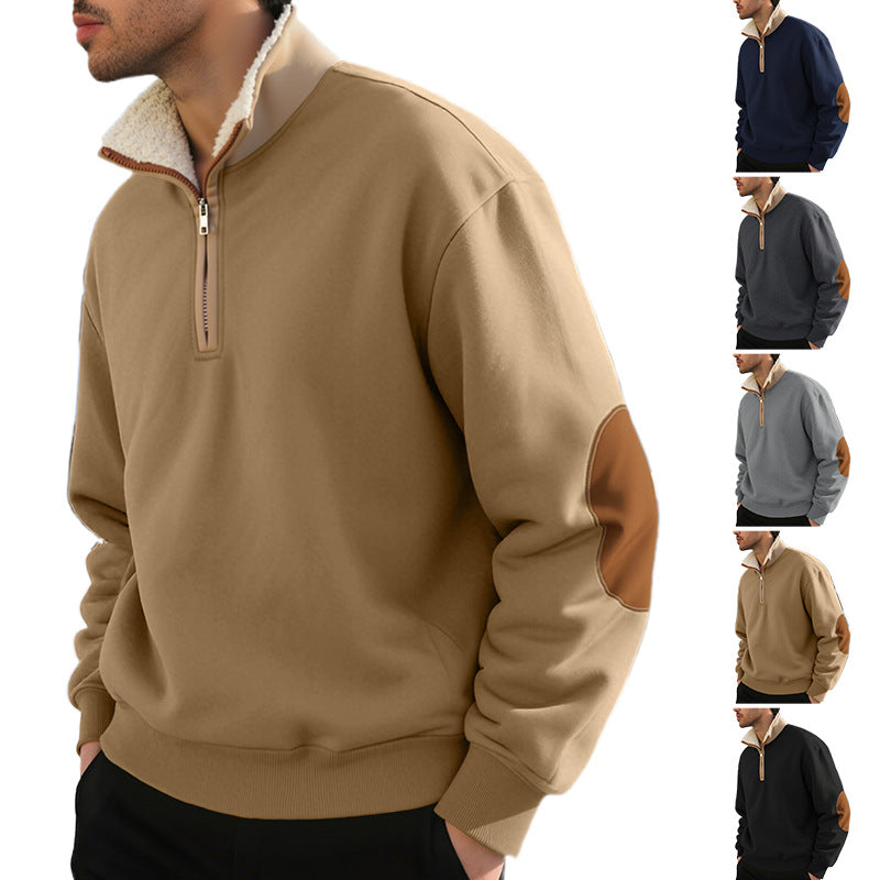 Herren nan legeres Halbzip-Sweatshirt mit Sherpagefüttertem Stehkragen und Kunstleder-Ellenbogenapplikation R&B