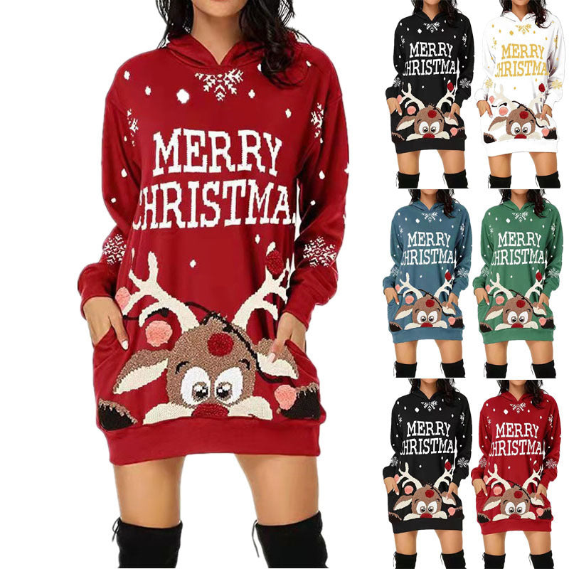 Damen Weihnachts-Kapuzenkleid mit auffälligem Rentier-Motiv R&B