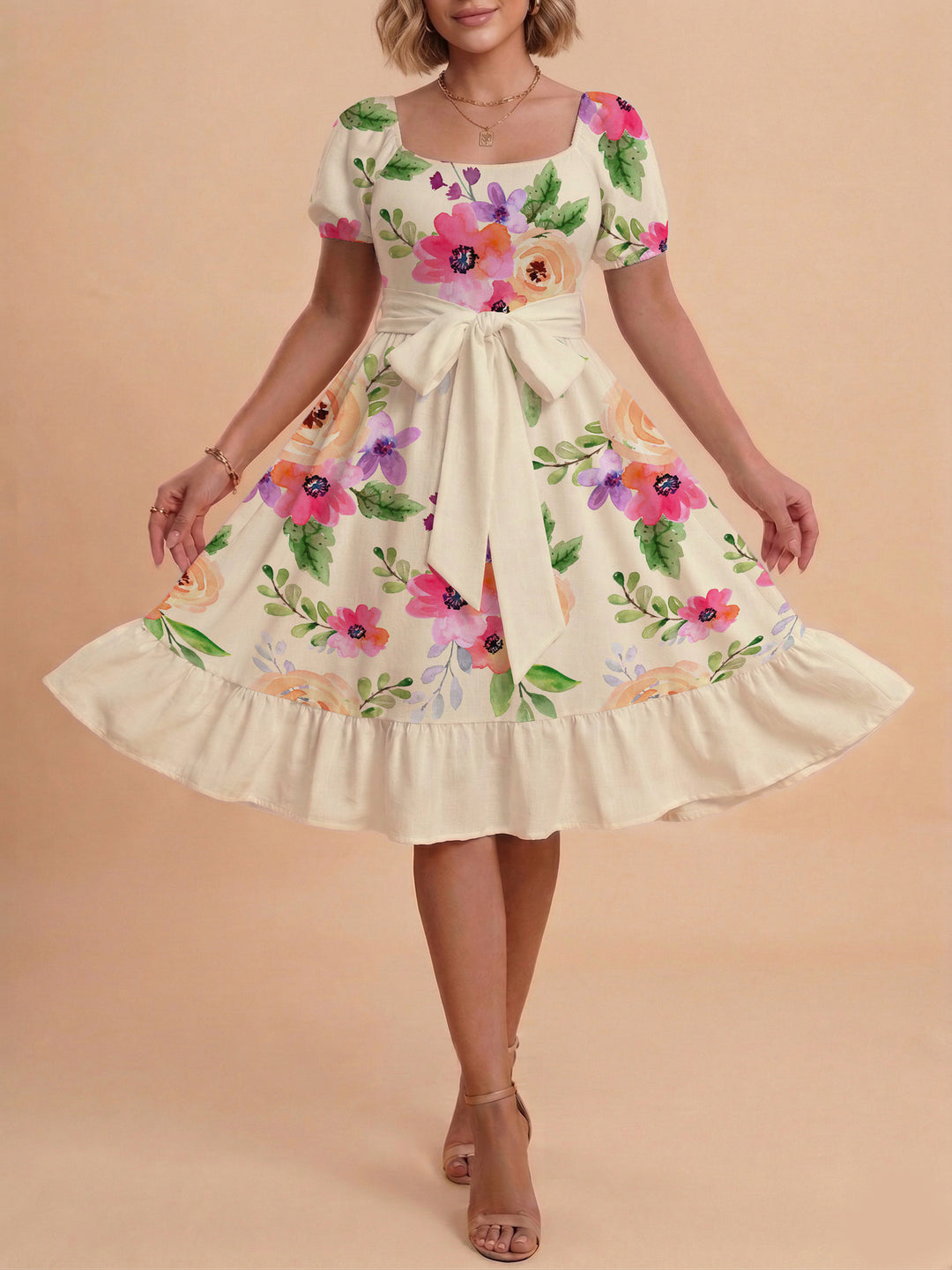 Damen Blumenkleid mit taillierbarem Gürtel und voluminösen Ärmeln R&B