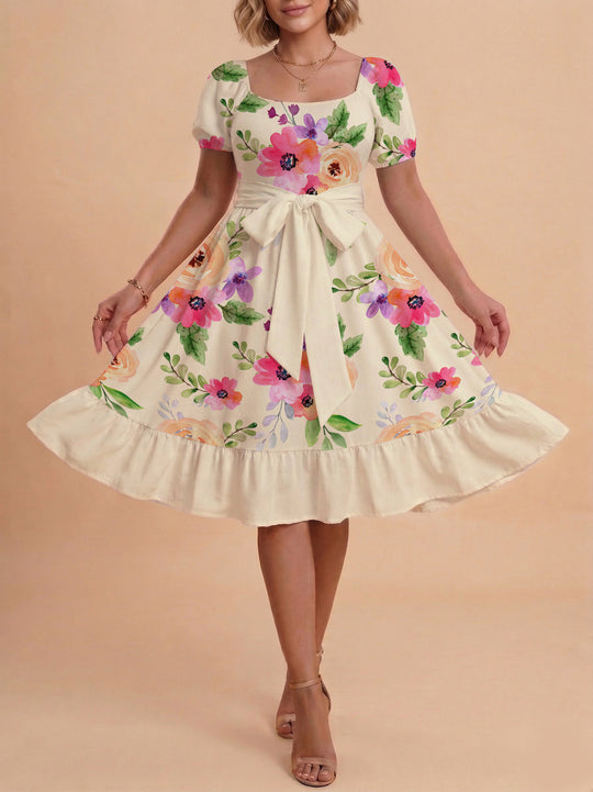 Damen Blumenkleid mit taillierbarem Gürtel und voluminösen Ärmeln R&B