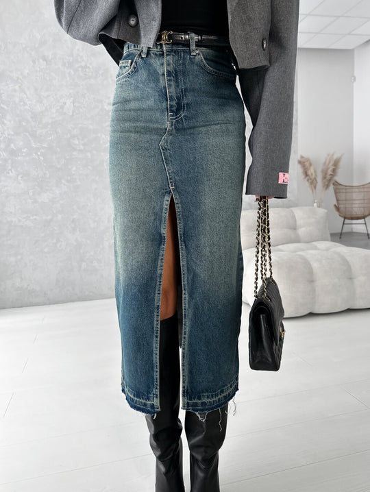 Damen Jeansrock mit hohem Schlitz im modernen Used-Look R&B