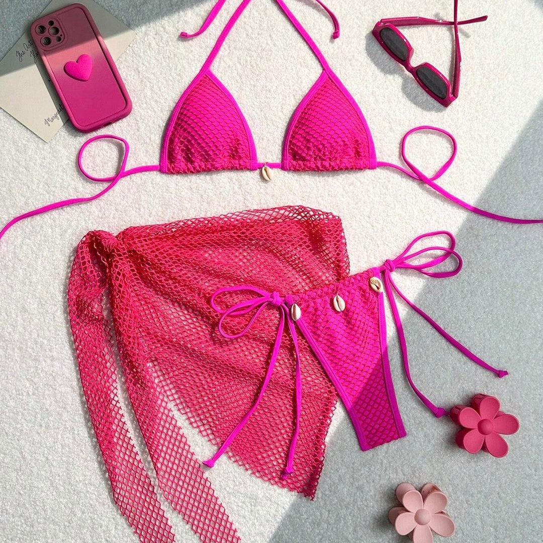 Damen Triangel-Bikini mit transparentem Netzgewebe und Schnürdetails R&B