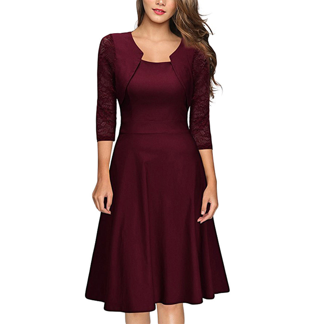 Damen Midi-Kleid mit Spitzenärmeln und schwingendem Rock R&B
