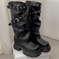 Damen Plateau-Stiefel mit modischem Schnallenverschluss und eleganter Faltenoptik R&B
