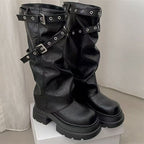 Damen Plateau-Stiefel mit modischem Schnallenverschluss und eleganter Faltenoptik R&B