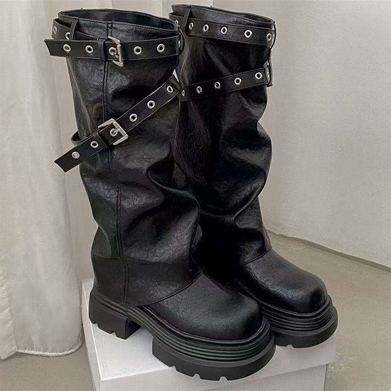 Damen Plateau-Stiefel mit modischem Schnallenverschluss und eleganter Faltenoptik R&B
