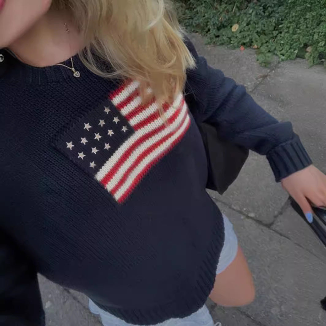 Damen Strickpullover mit amerikanischem Flaggenmotiv R&B