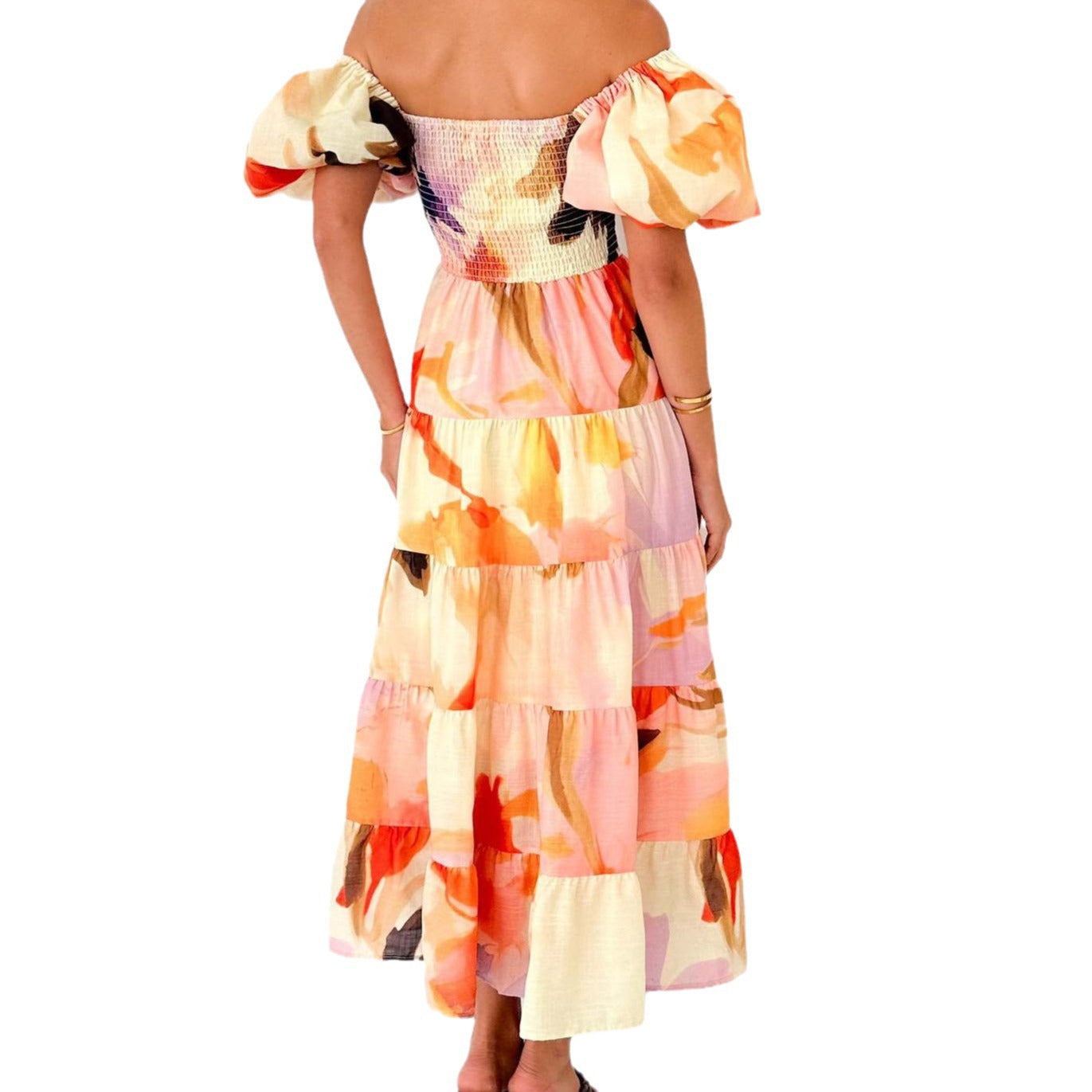 Damen Maxikleid mit voluminösen Puffärmeln und floralen Akzenten R&B
