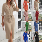 Damen Midikleid mit stilvollem Knopf-Design und eleganter Gürtelbindung R&B
