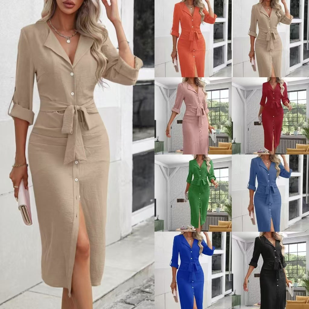 Damen Midikleid mit stilvollem Knopf-Design und eleganter Gürtelbindung R&B