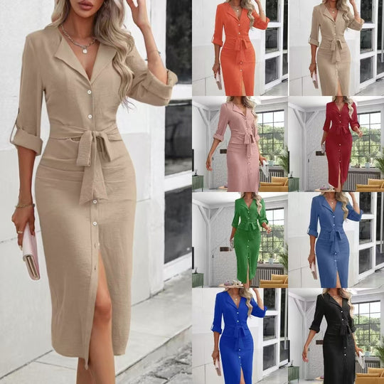 Damen Midikleid mit stilvollem Knopf-Design und eleganter Gürtelbindung Heidi-Mode
