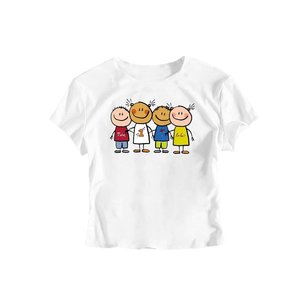 Damen Crop-T-Shirt mit kreativem Kinderzeichnungsmuster R&B