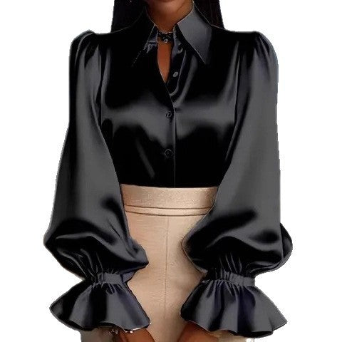 Damen elegante Seidenbluse mit Puffärmeln und schicker Knopfleiste R&B