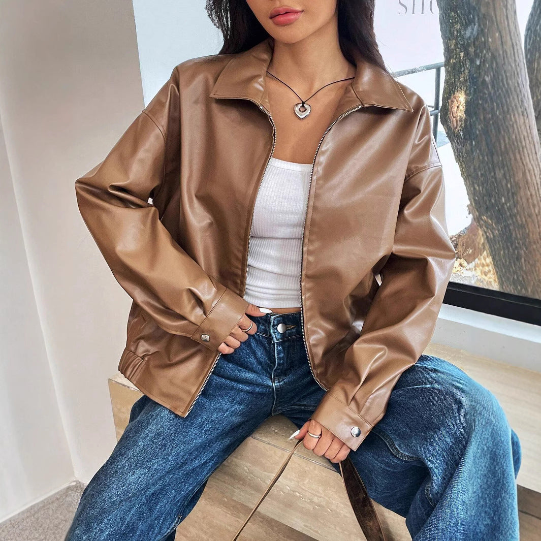Damen trendige Kunstlederjacke im modernen Schnitt mit lässigem Reißverschluss R&B