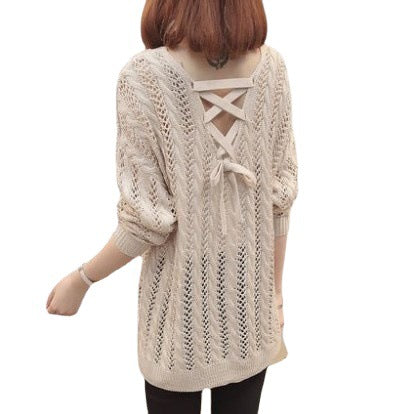 Damen Strickpullover mit elegantem V-Ausschnitt und lässigem Lochmuster R&B
