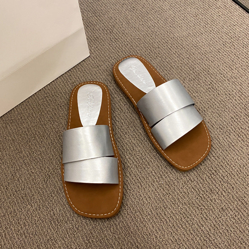 Damen modische Slide-Pantoletten mit breitem Riemen und weichem Fußbett R&B