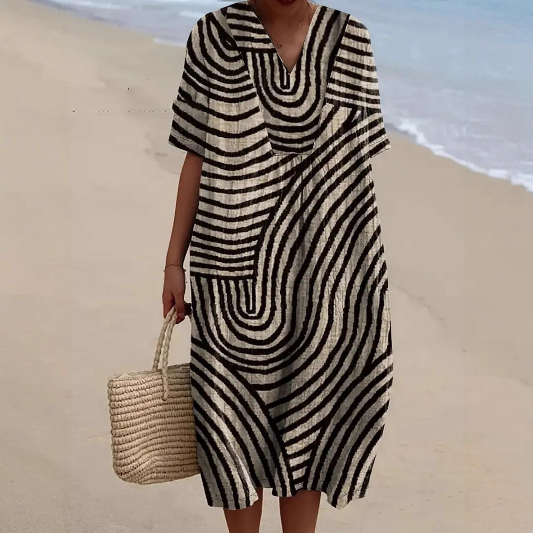 Damen Tunika-Kleid mit lässigem Streifenmuster und weit geschnittenem Design R&B
