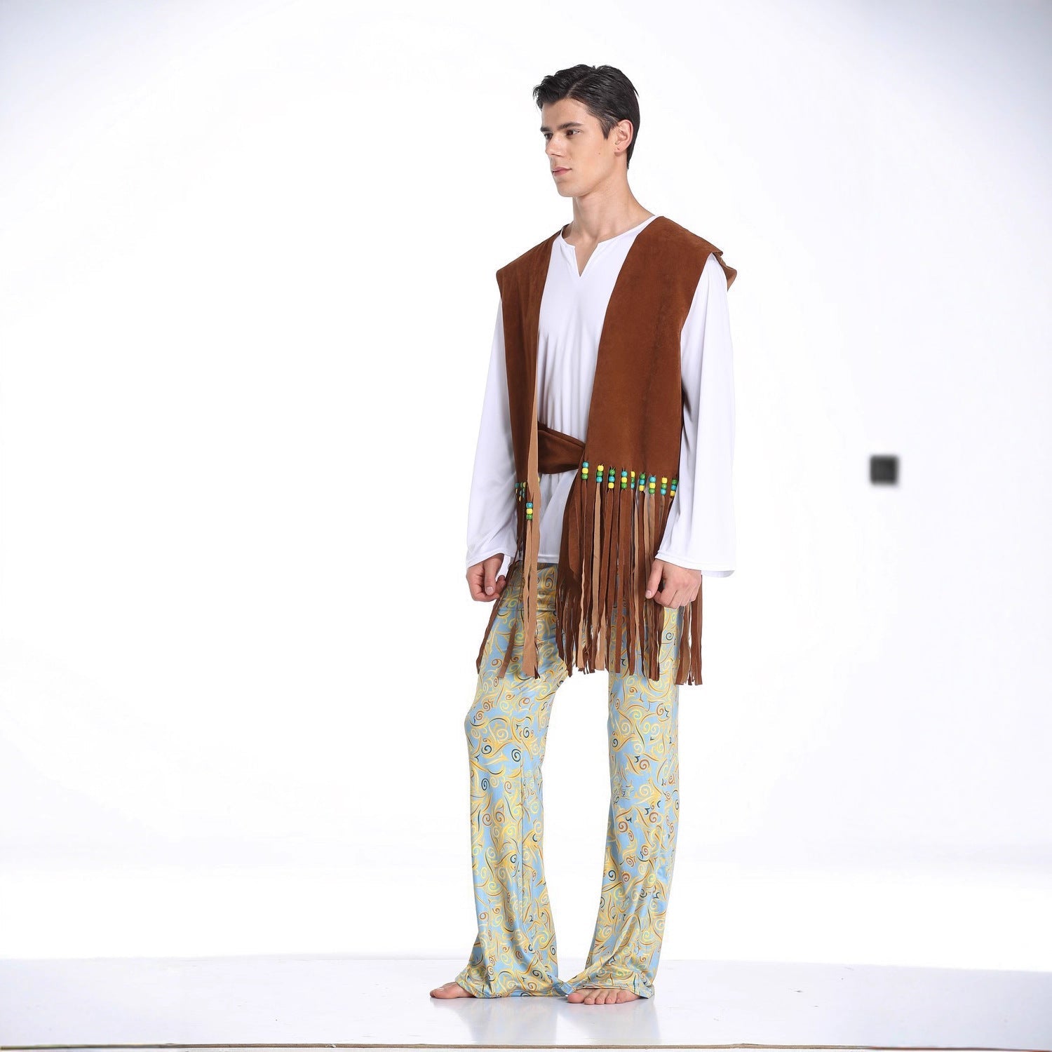 Herren Kostüm im Wildwest-Stil mit fransigem Weste und bunten Hosendetails R&B