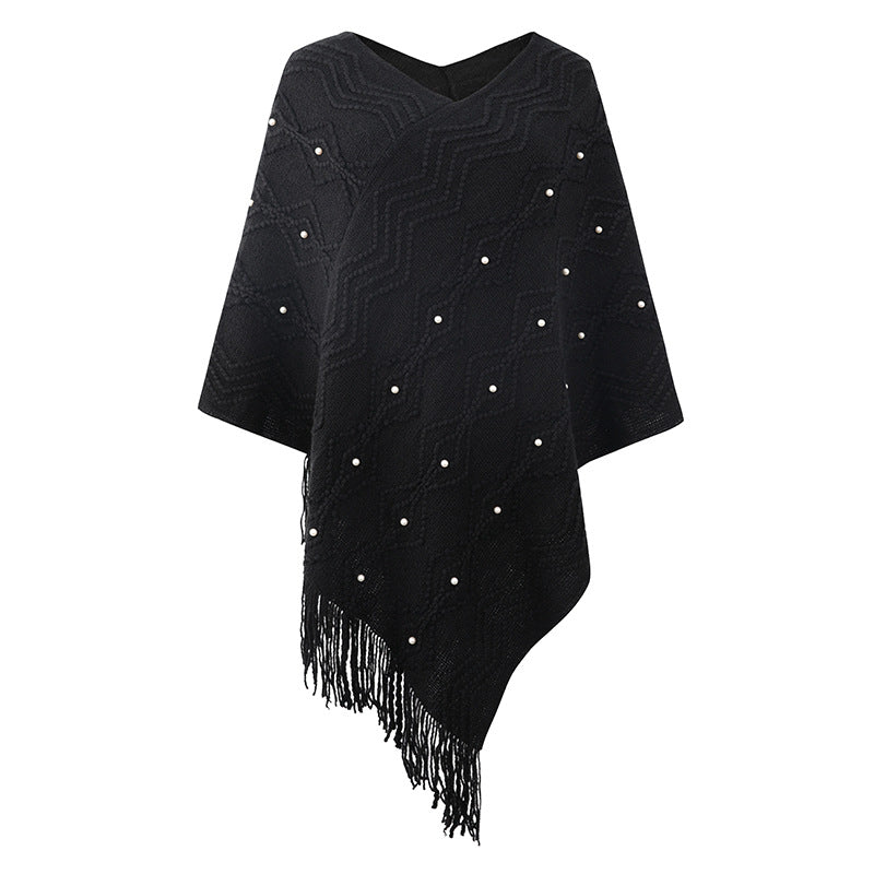 Damen eleganter Poncho mit auffälligem Strukturmuster und dekorativen Fransen R&B