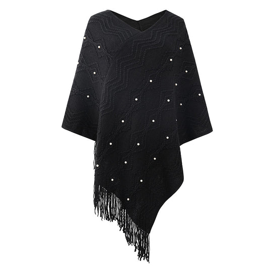 Damen eleganter Poncho mit auffälligem Strukturmuster und dekorativen Fransen R&B