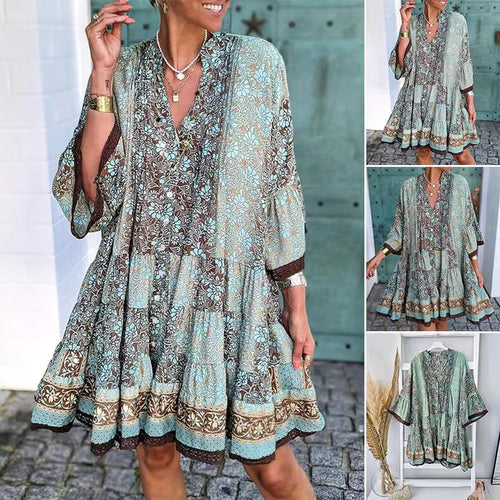 Damen nan luftiges Boho-Stufenkleid mit V-Ausschnitt weiten Fledermausärmeln und Spitzenbordüre R&B