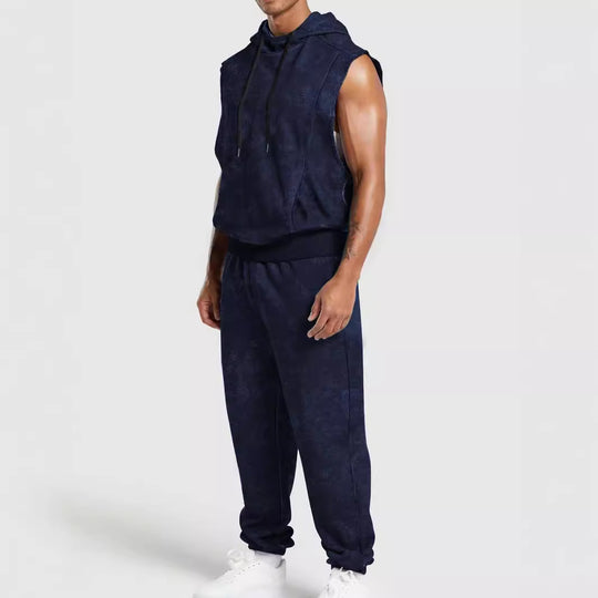 Herren nan ärmelloses Kapuzensweat-Set in Veloursoptik mit elastischer Jogginghose und gerippten Abschlüssen R&B