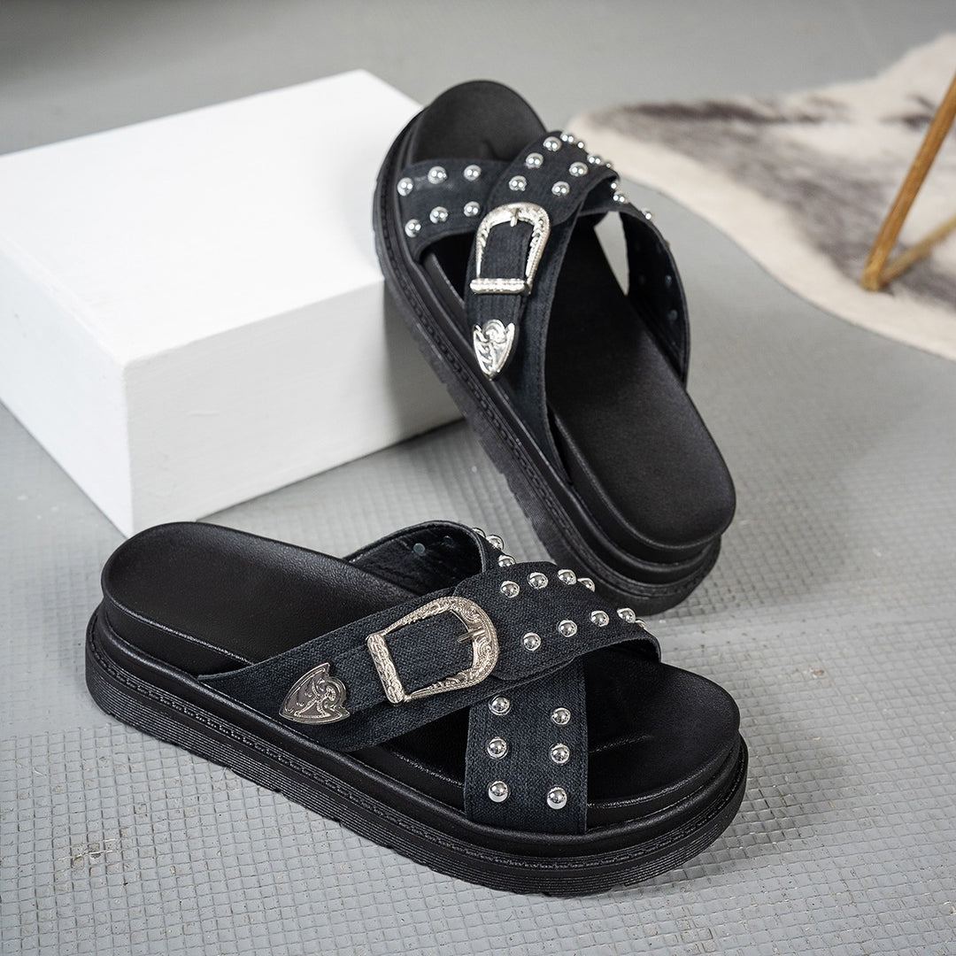 Damen Badesandalen mit modischem Riemendesign und eleganten Nieten R&B